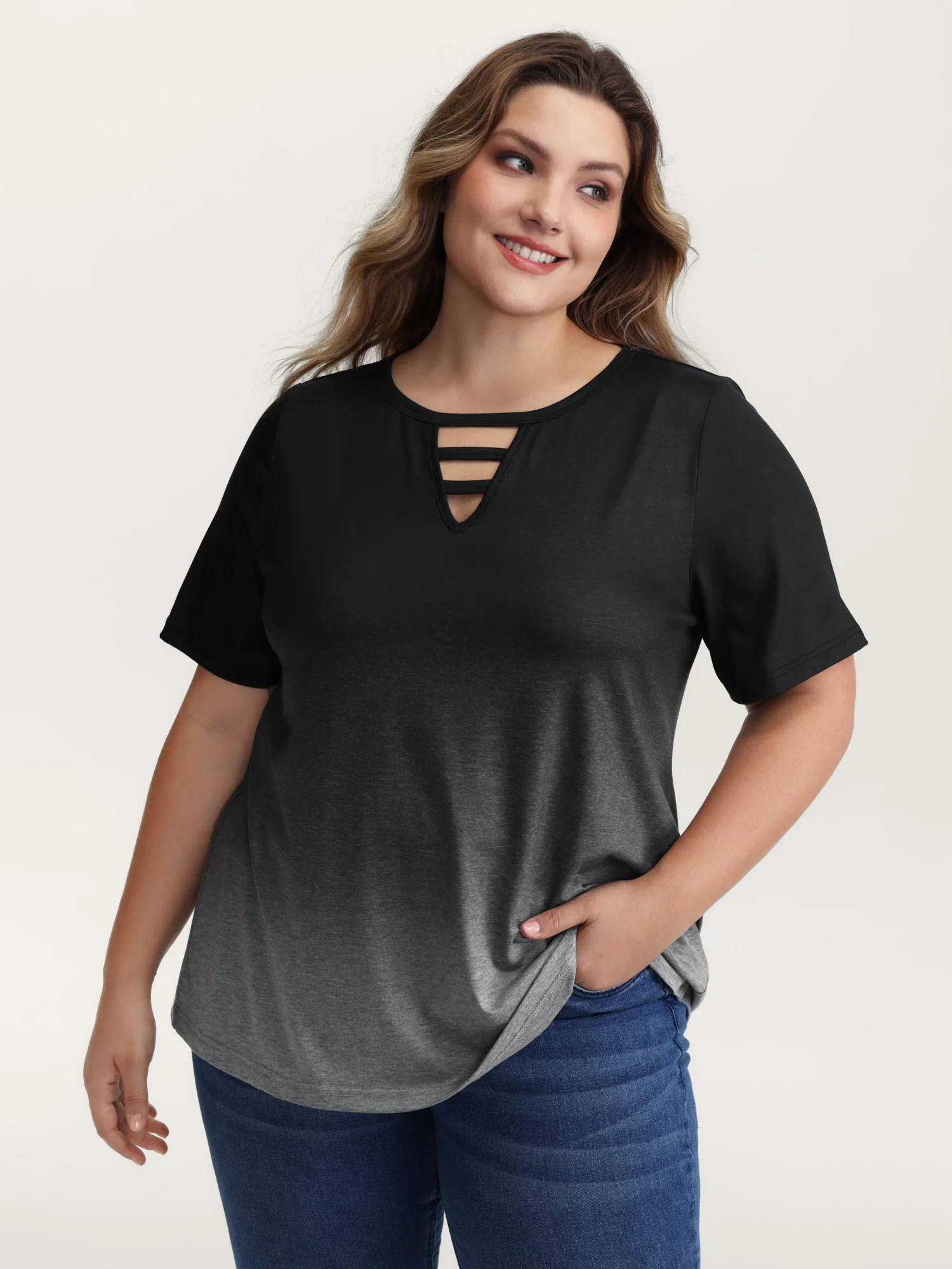 Tie-Dye Blend Neck Cut-Out T-Shirt - Image 8