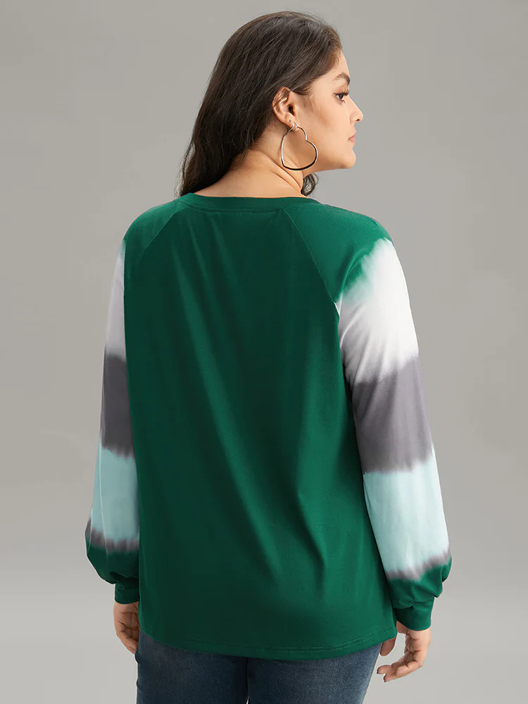 Tie Dye Contrast Round Neck Raglan Sleeve T-shirt - Image 2