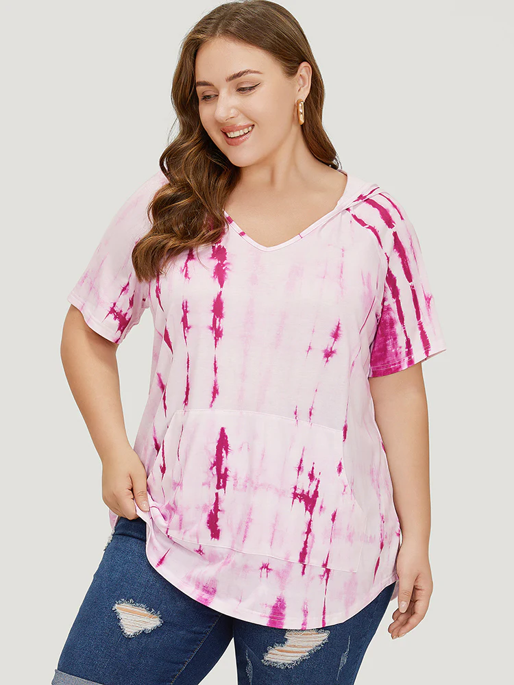 Tie Dye Curved Hem Pocket Hooded T-shirt - Image 2