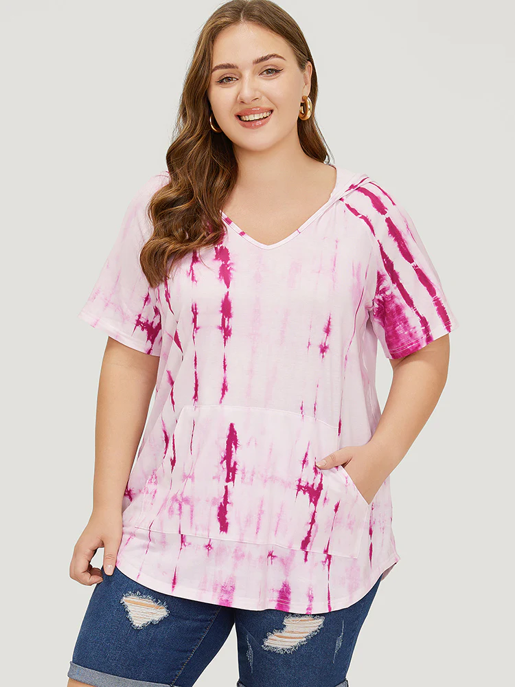 Tie Dye Curved Hem Pocket Hooded T-shirt - Image 4