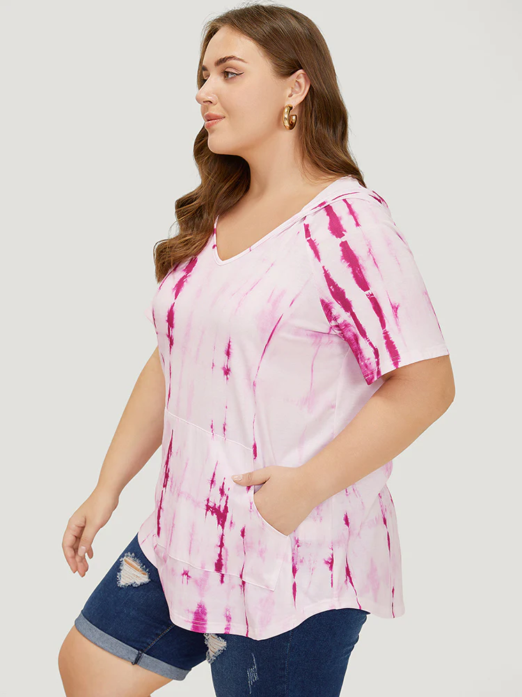 Tie Dye Curved Hem Pocket Hooded T-shirt - Image 5