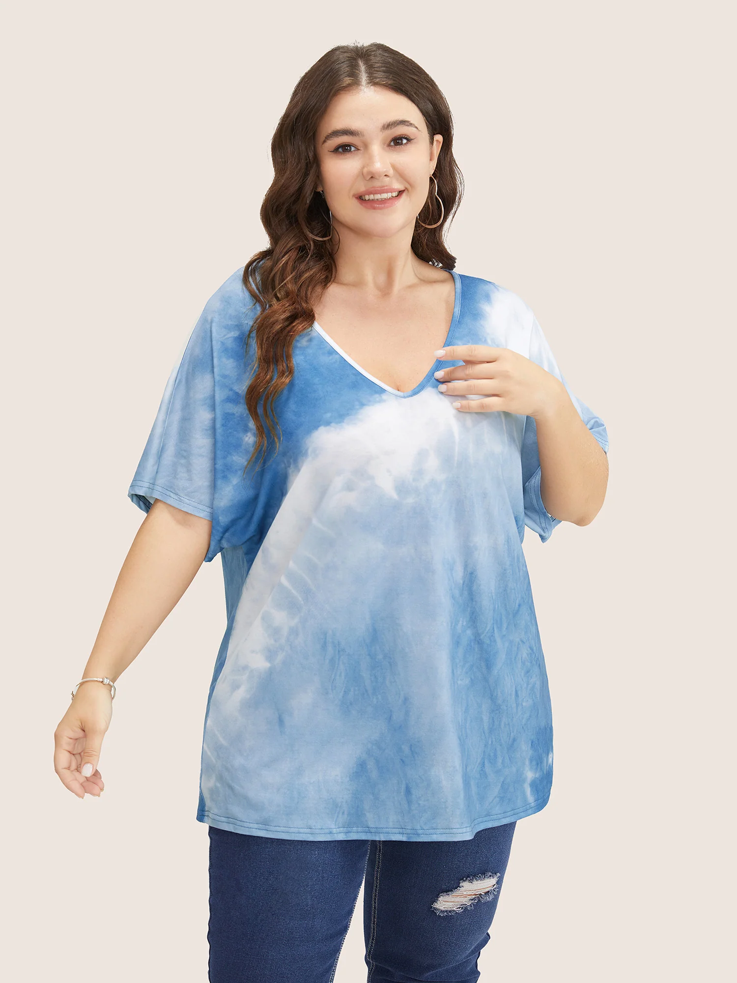 Tie Dye Drop Shoulder V Neck T-shirt
