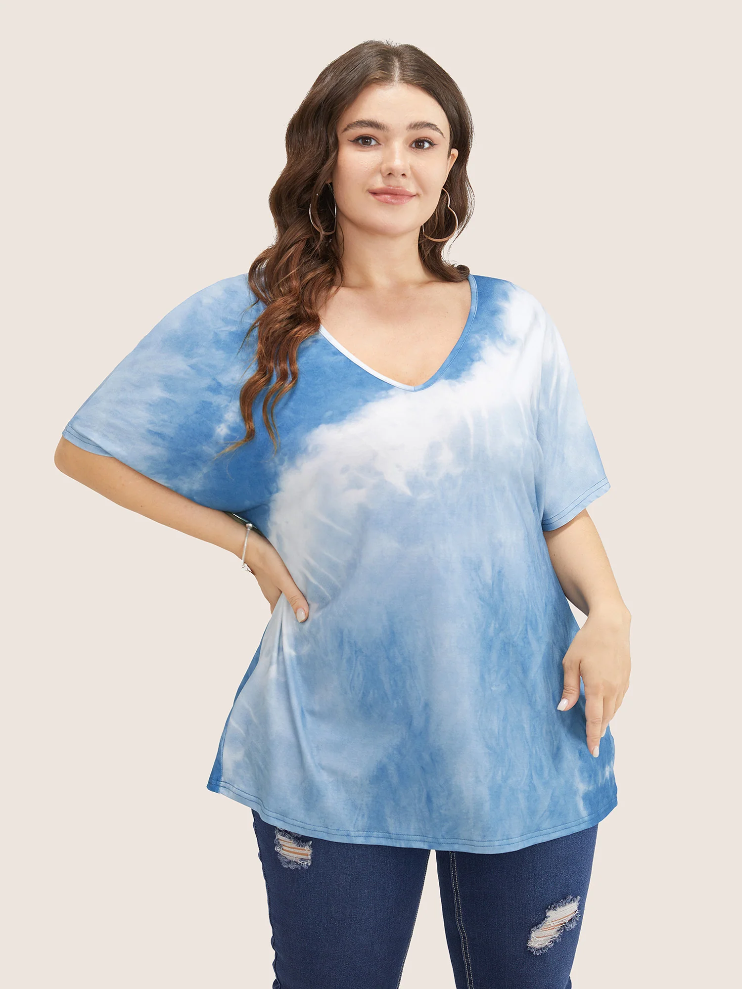 Tie Dye Drop Shoulder V Neck T-shirt - Image 2