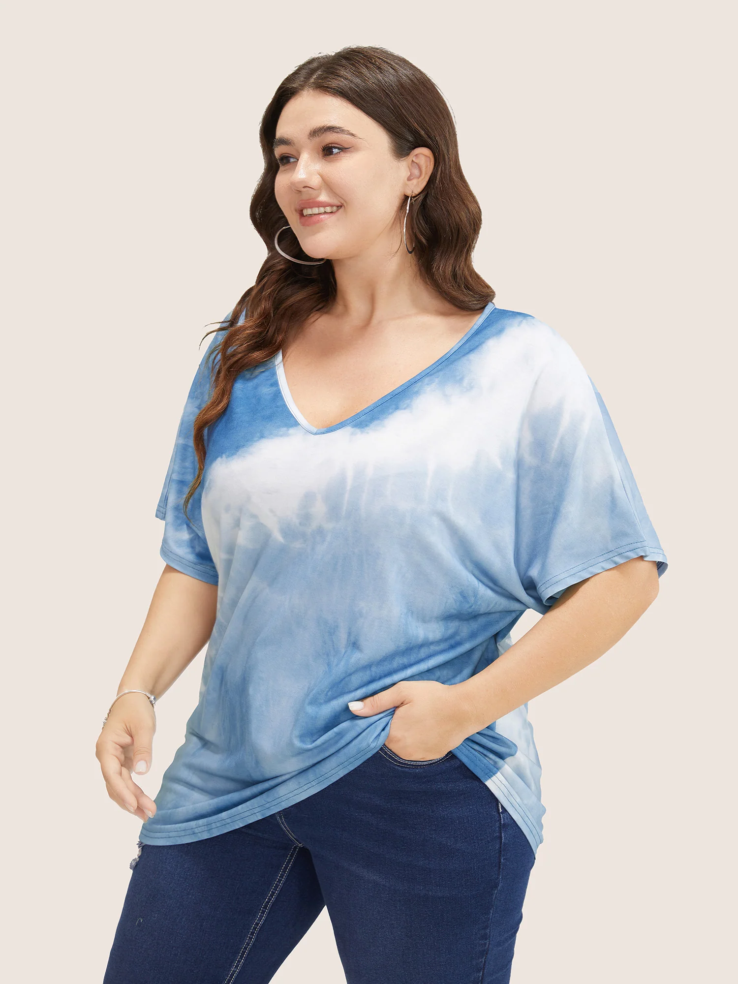 Tie Dye Drop Shoulder V Neck T-shirt - Image 4