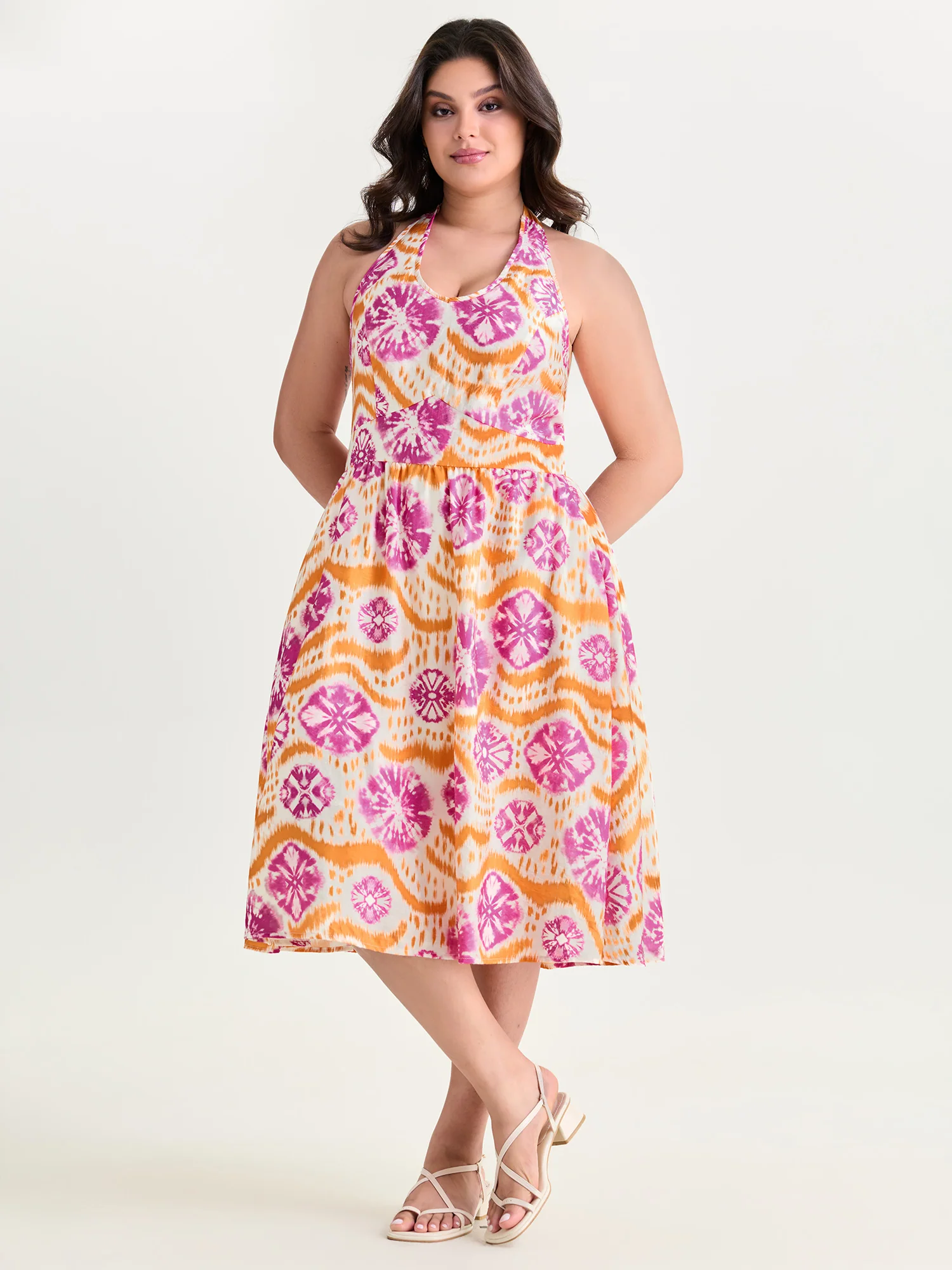 Tie-Dye Floral Effect Shirred Midi Dress - Image 3