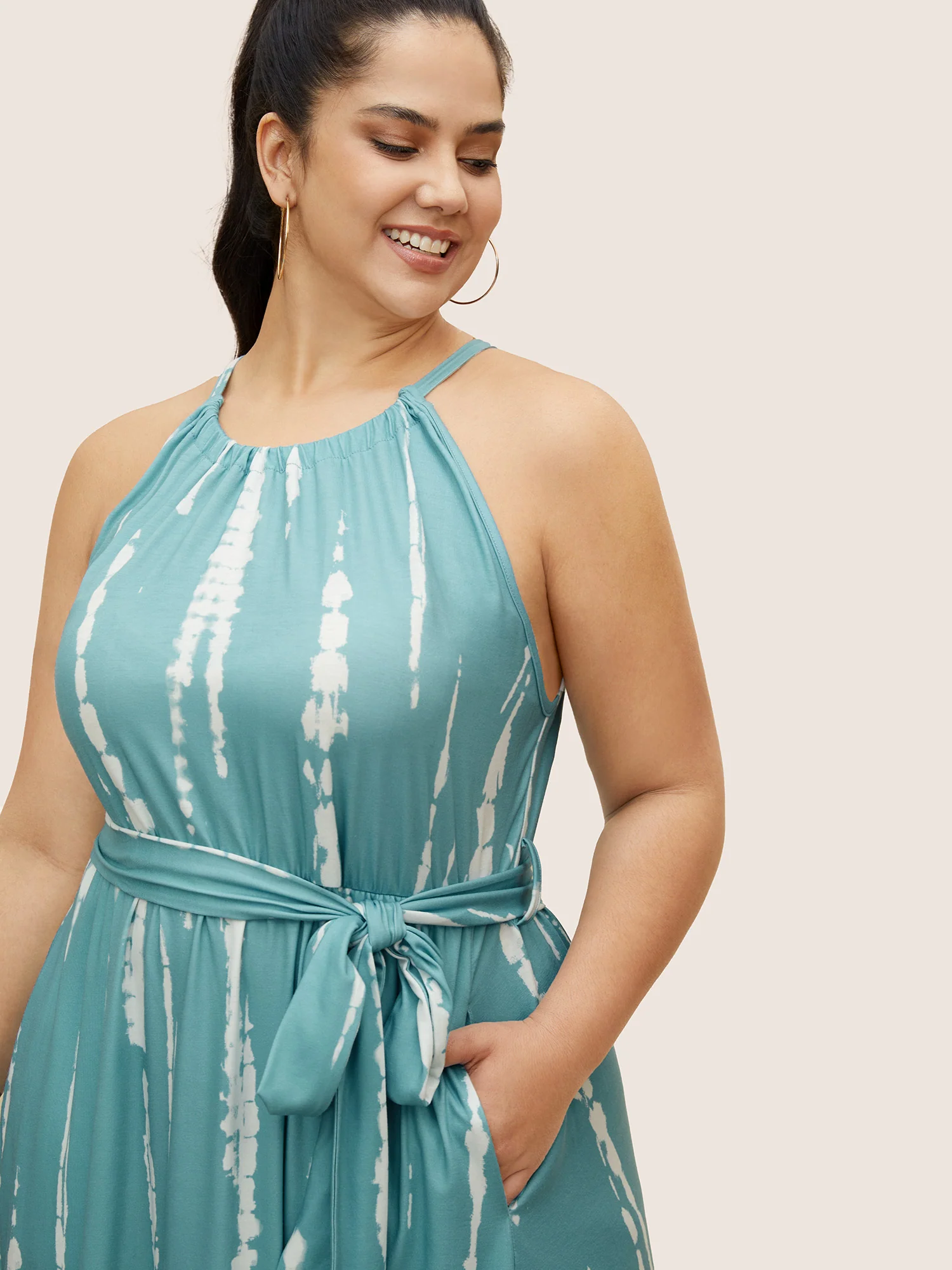 Tie Dye Halter Neck Belted Gathered Dress - Image 2