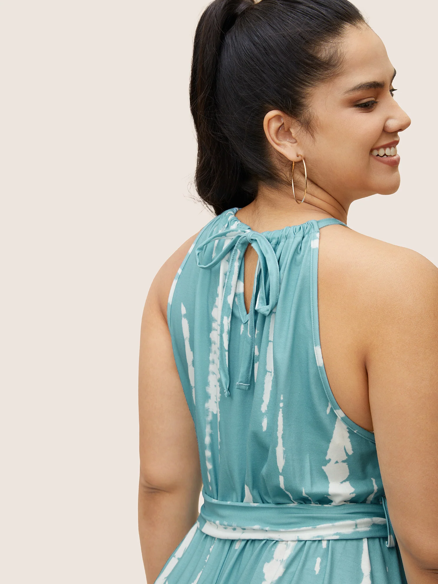 Tie Dye Halter Neck Belted Gathered Dress - Image 3
