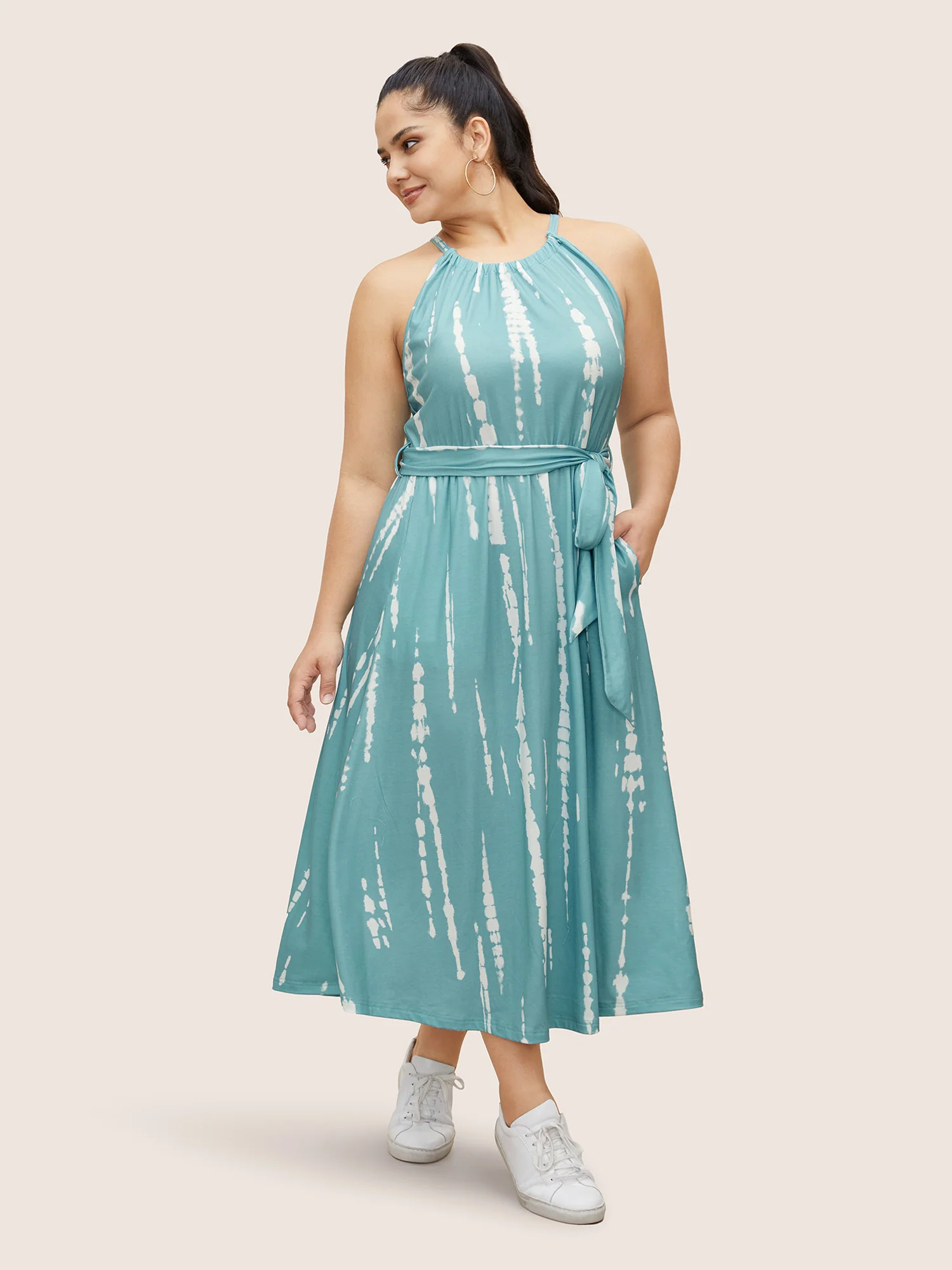 Tie Dye Halter Neck Belted Gathered Dress - Image 4