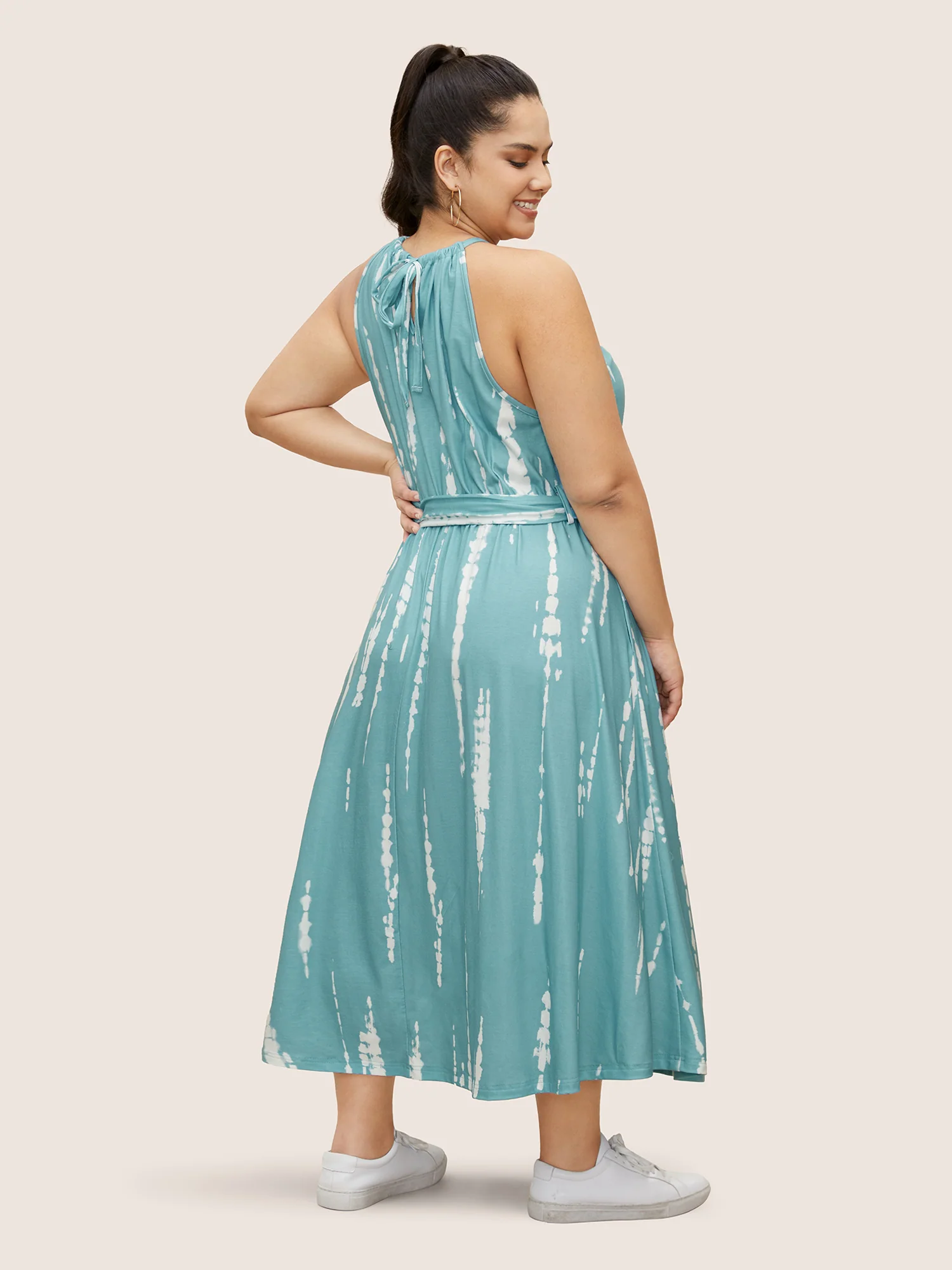 Tie Dye Halter Neck Belted Gathered Dress - Image 5
