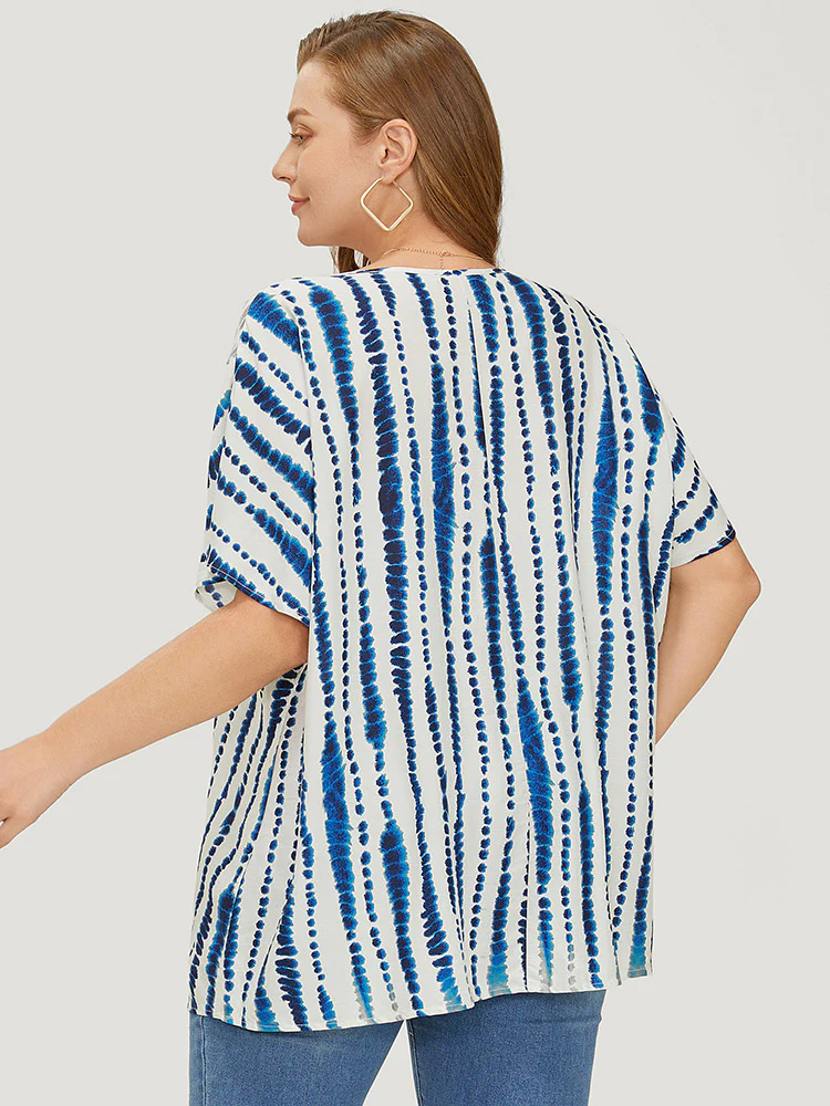 Tie Dye Patchwork Batwing Sleeve Notched Neck Blouse - Image 2