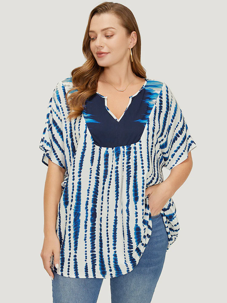 Tie Dye Patchwork Batwing Sleeve Notched Neck Blouse - Image 3