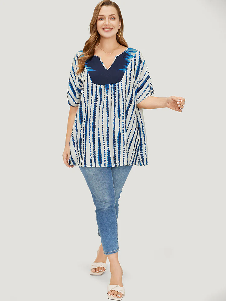Tie Dye Patchwork Batwing Sleeve Notched Neck Blouse - Image 5