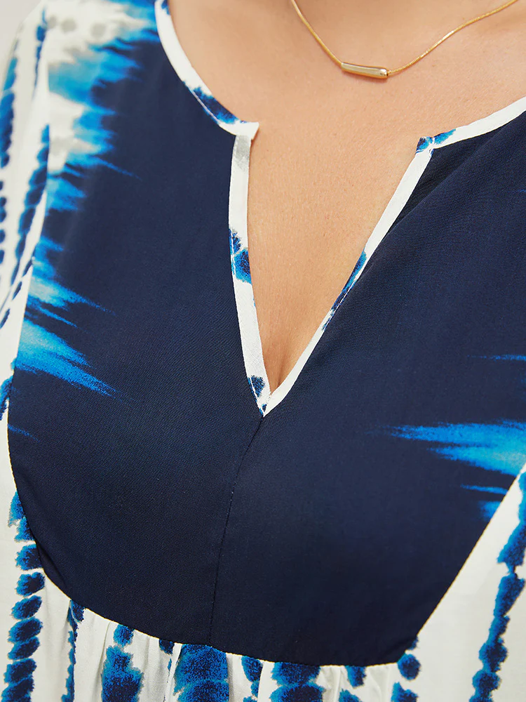 Tie Dye Patchwork Batwing Sleeve Notched Neck Blouse - Image 6