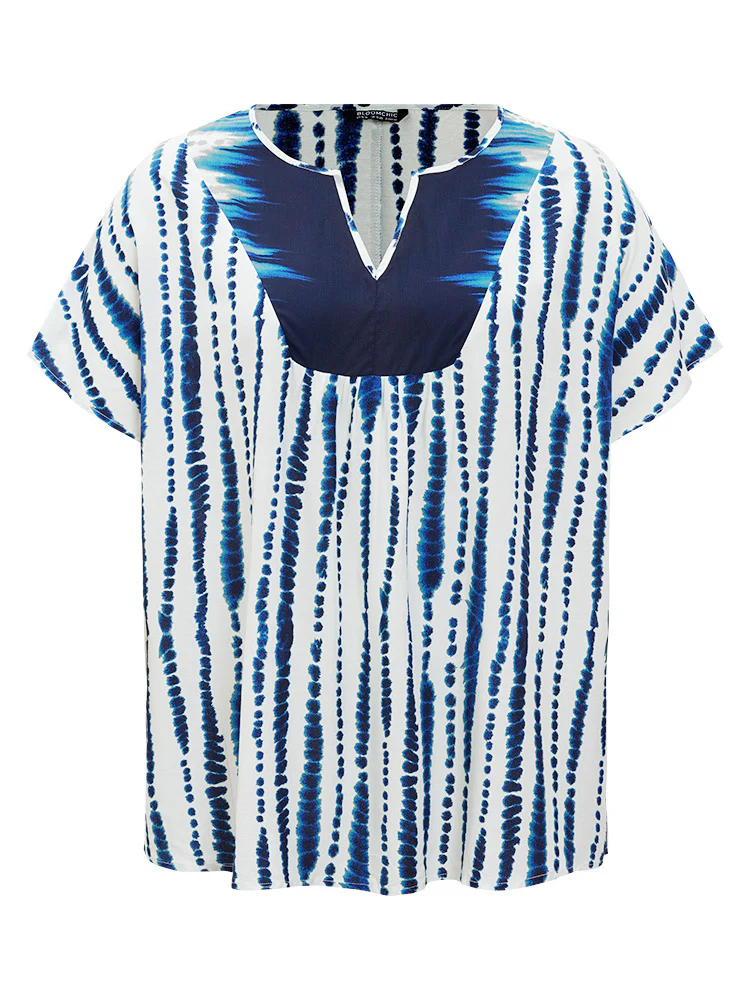 Tie Dye Patchwork Batwing Sleeve Notched Neck Blouse - Image 9