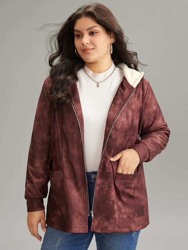 Tie Dye Patchwork Fluffy Zipper Hooded Jacket - Image 2