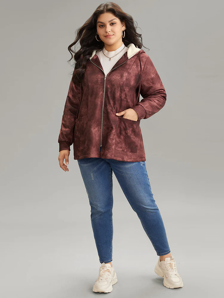 Tie Dye Patchwork Fluffy Zipper Hooded Jacket - Image 3