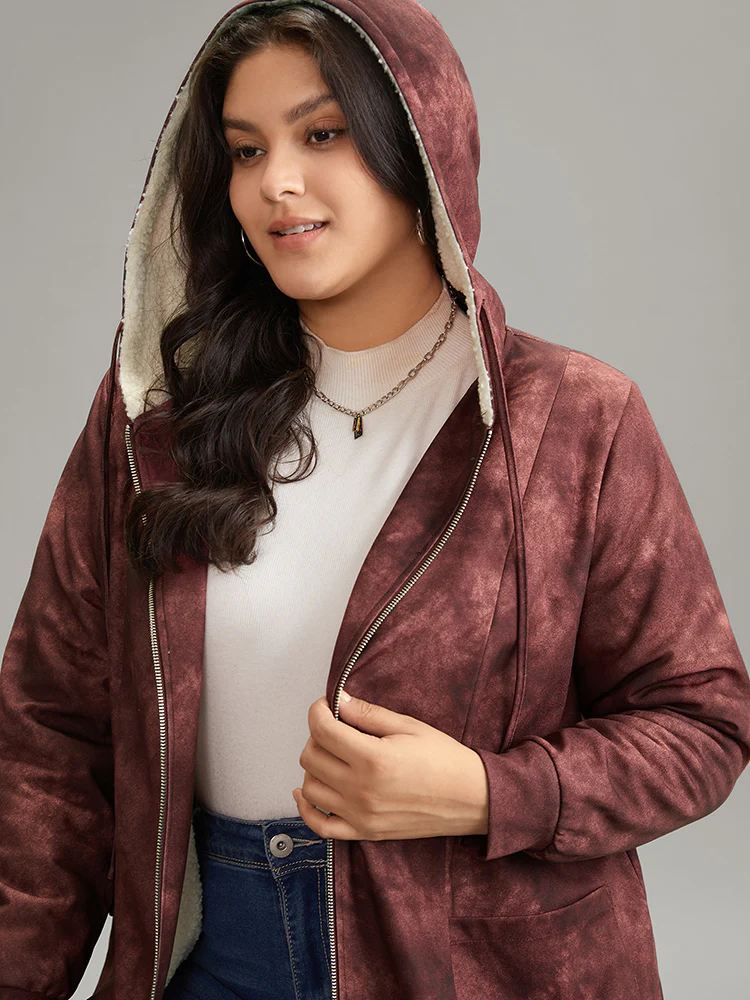 Tie Dye Patchwork Fluffy Zipper Hooded Jacket - Image 5
