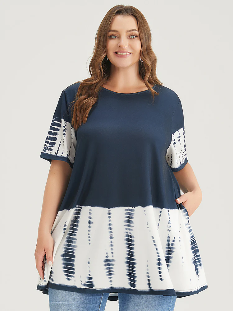 Tie Dye Patchwork Round Neck Pocket T-shirt - Image 2
