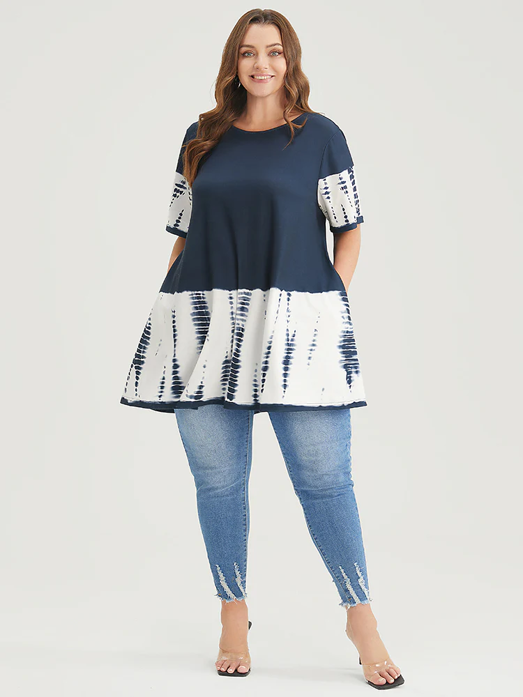 Tie Dye Patchwork Round Neck Pocket T-shirt - Image 4