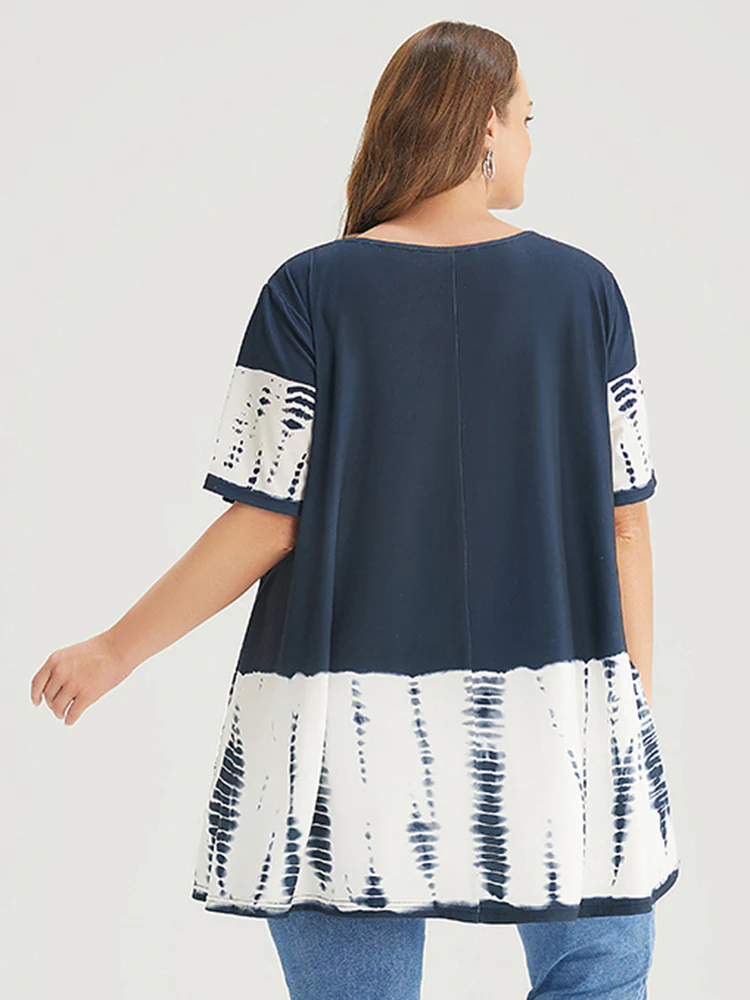 Tie Dye Patchwork Round Neck Pocket T-shirt - Image 5