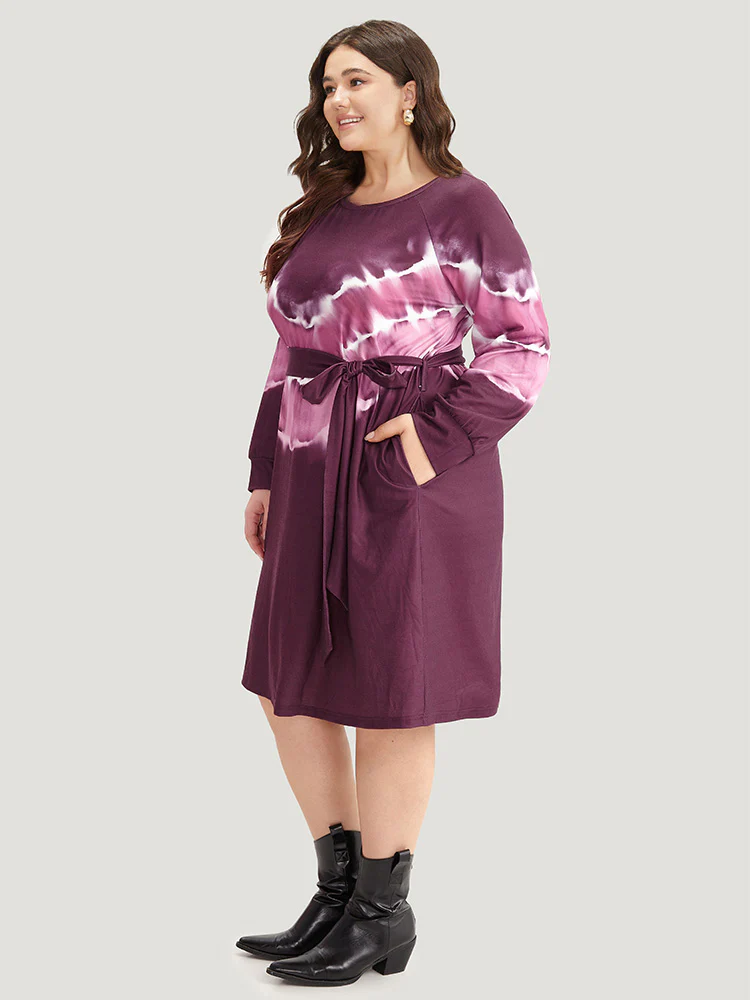 Tie Dye Pocket Round Neck Belted Raglan Sleeve Dress - Image 3