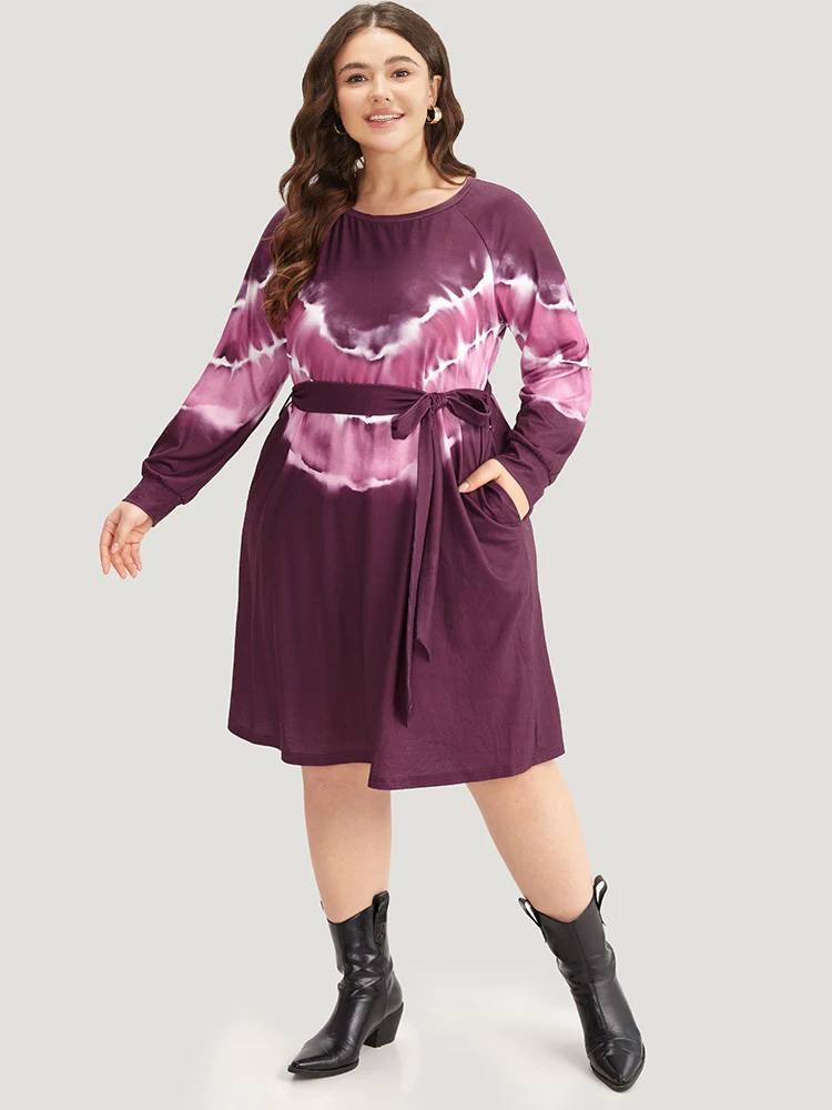 Tie Dye Pocket Round Neck Belted Raglan Sleeve Dress - Image 4