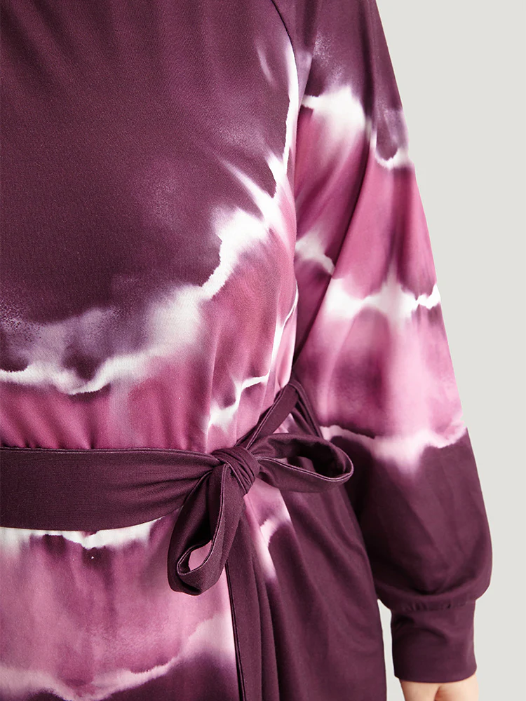Tie Dye Pocket Round Neck Belted Raglan Sleeve Dress - Image 5