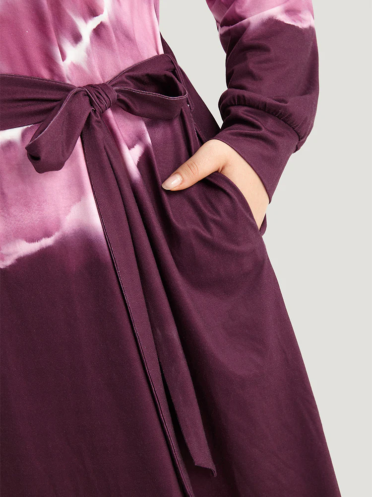 Tie Dye Pocket Round Neck Belted Raglan Sleeve Dress - Image 6