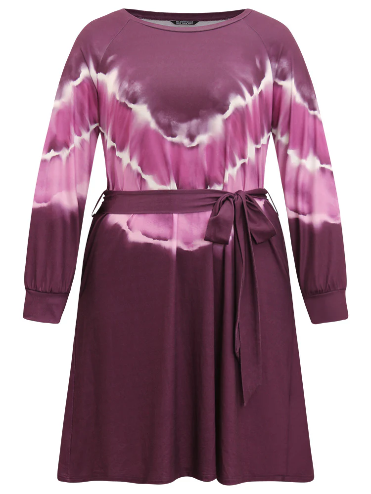 Tie Dye Pocket Round Neck Belted Raglan Sleeve Dress - Image 7