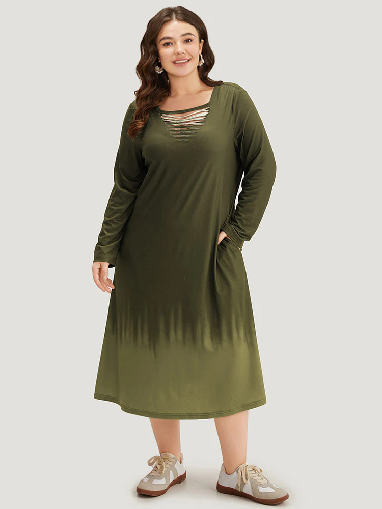 Tie Dye Pocket Round Neck Cut Out Dress - Image 2