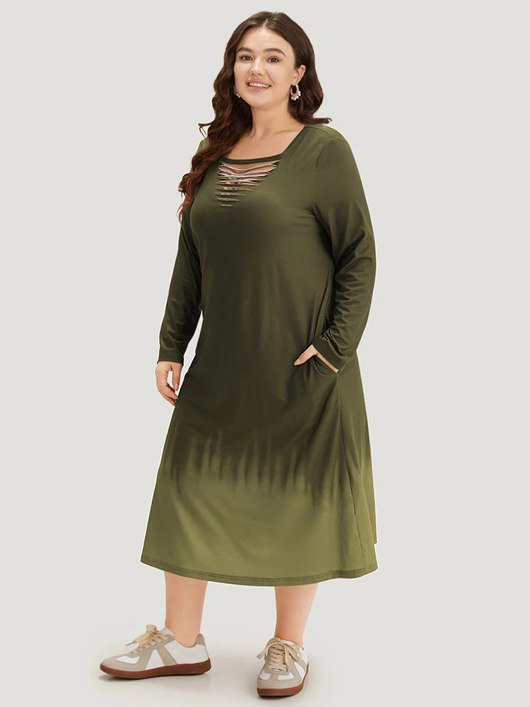 Tie Dye Pocket Round Neck Cut Out Dress - Image 3