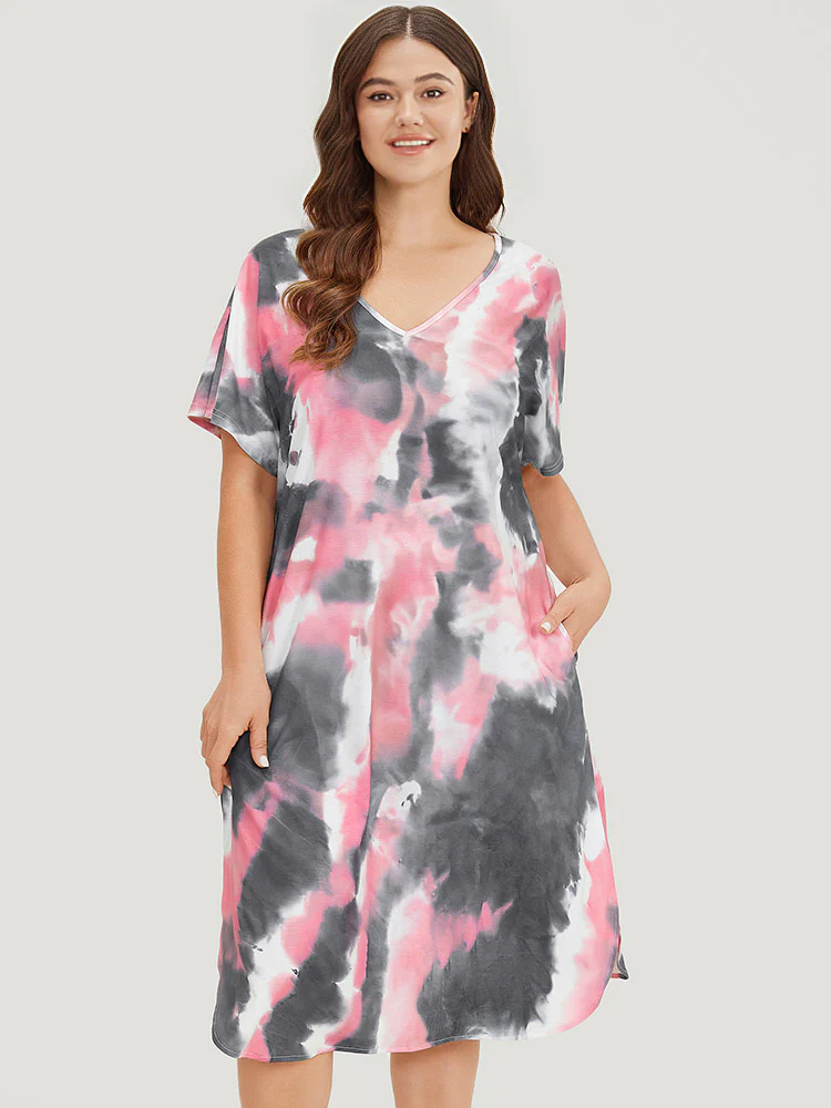 Tie Dye Pocket V Neck Dolman Sleeve Dress - Image 2