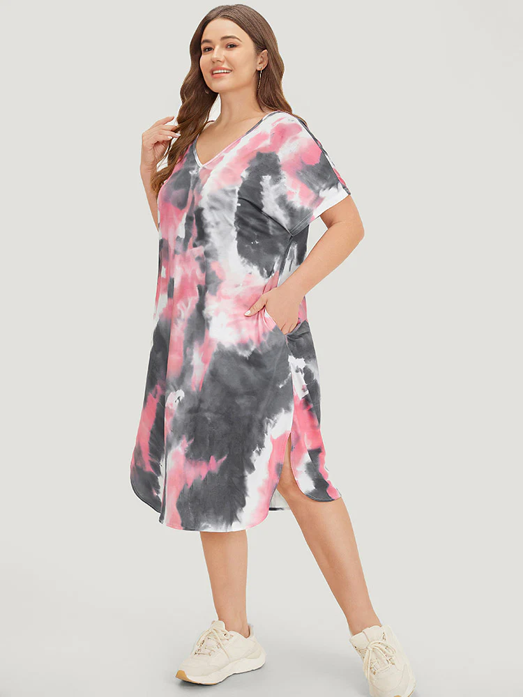 Tie Dye Pocket V Neck Dolman Sleeve Dress - Image 4