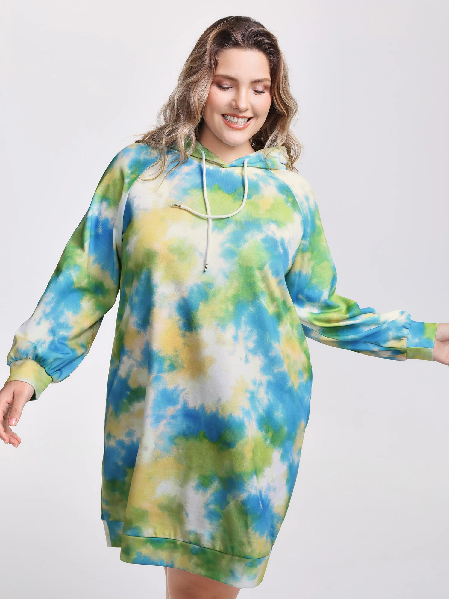 Tie-Dye Pockets Hooded Knee Dress - Image 2