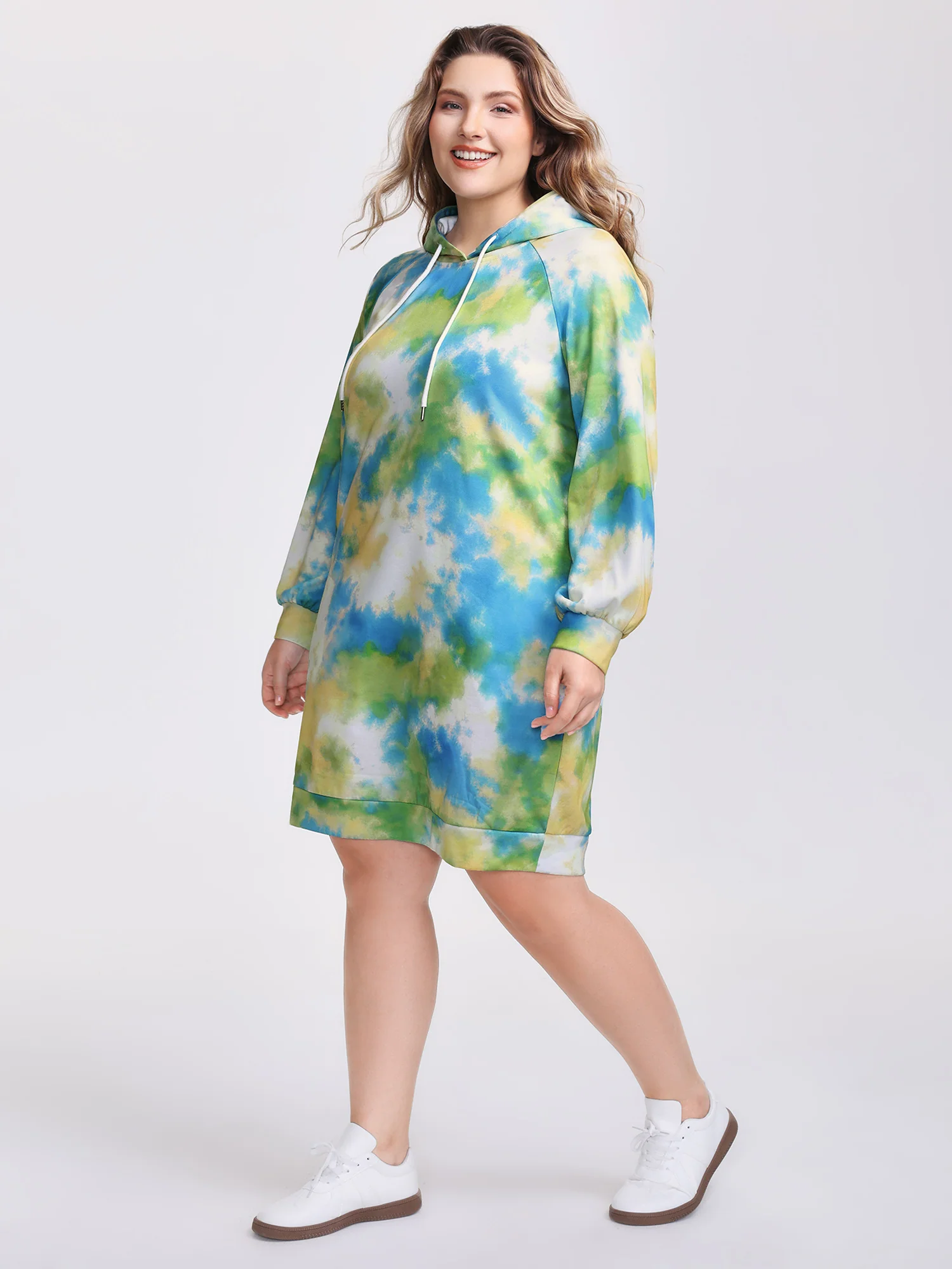 Tie-Dye Pockets Hooded Knee Dress - Image 3