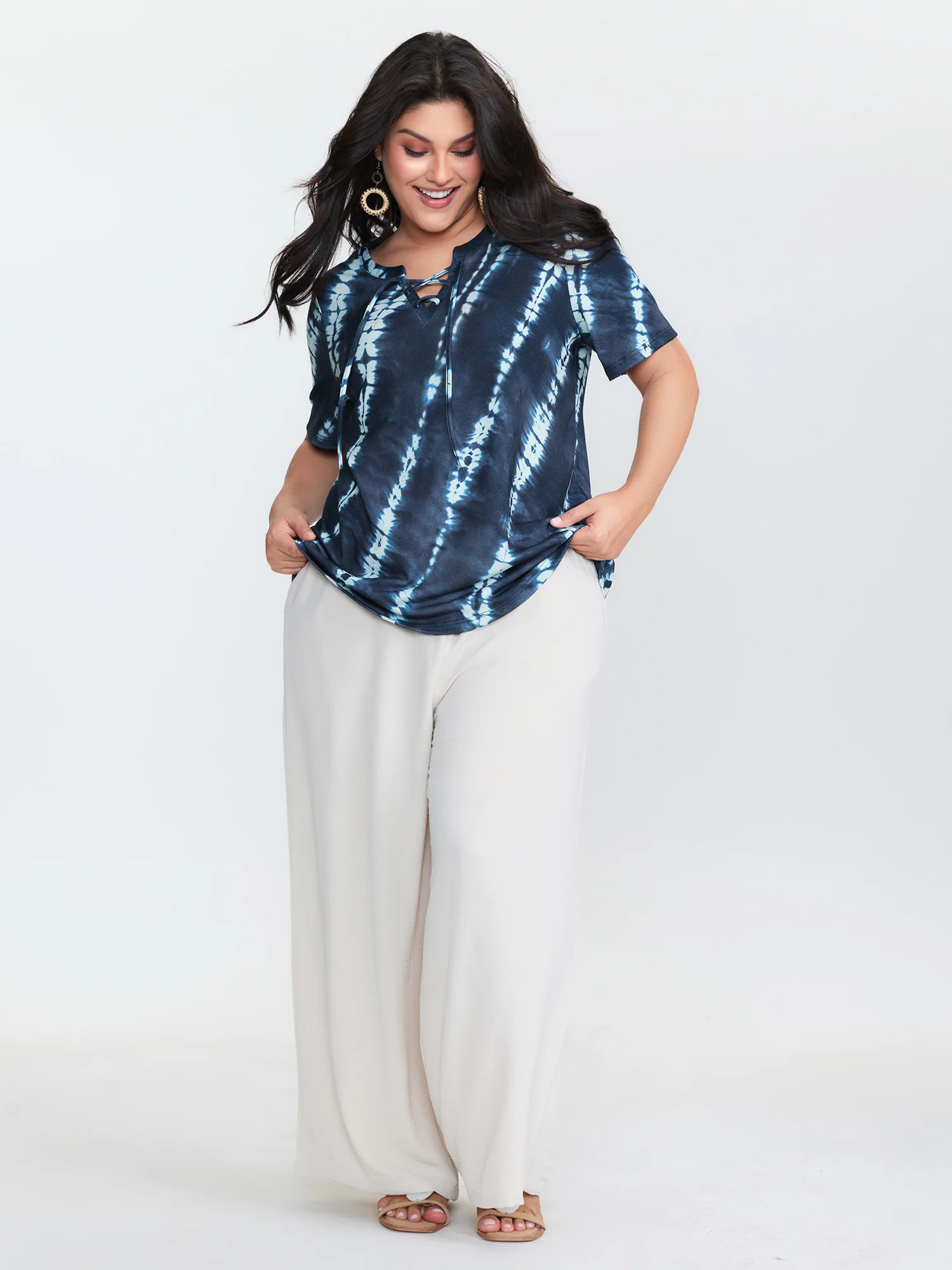 Tie-Dye Print Drawstring Neckline T-Shirt - Image 2
