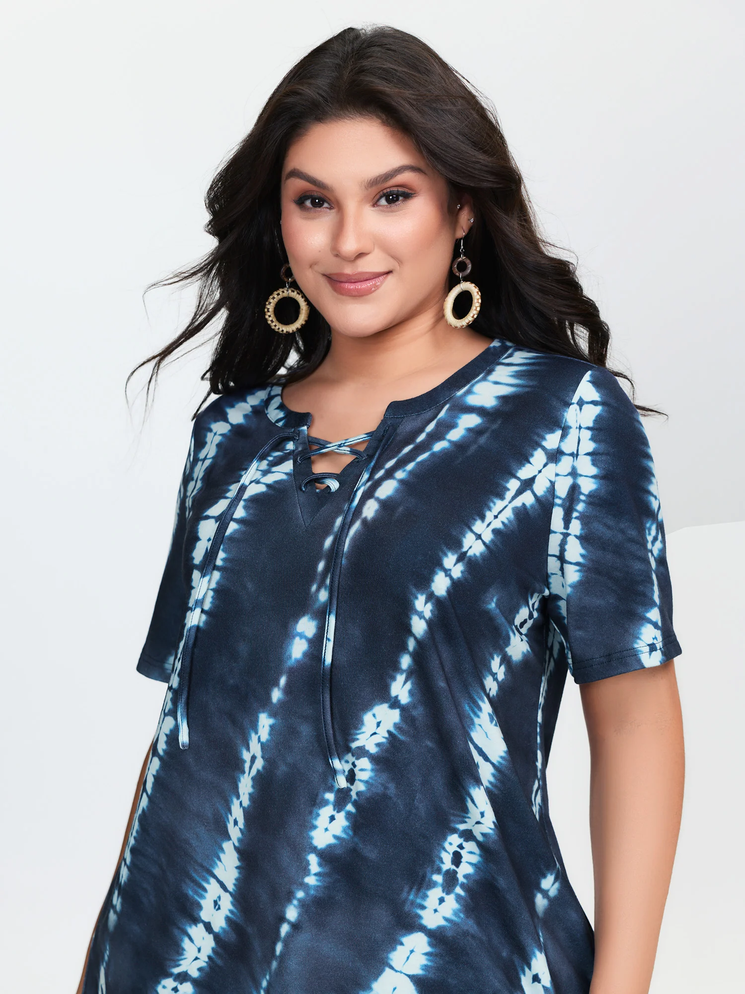 Tie-Dye Print Drawstring Neckline T-Shirt - Image 3