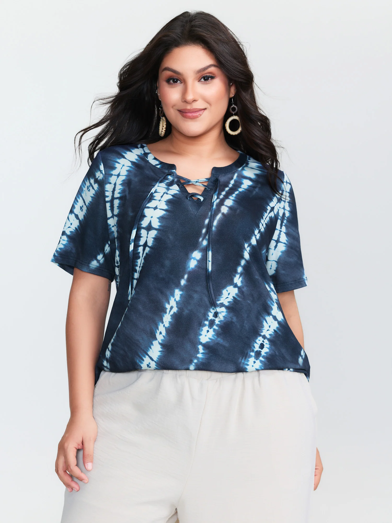 Tie-Dye Print Drawstring Neckline T-Shirt - Image 4