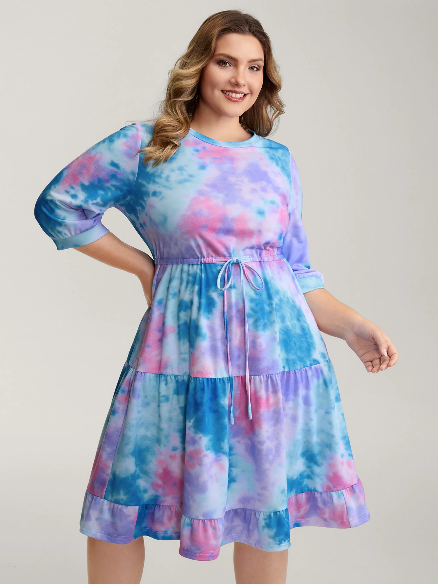 Tie-Dye Print Drawstring Waist Midi Dress - Image 2