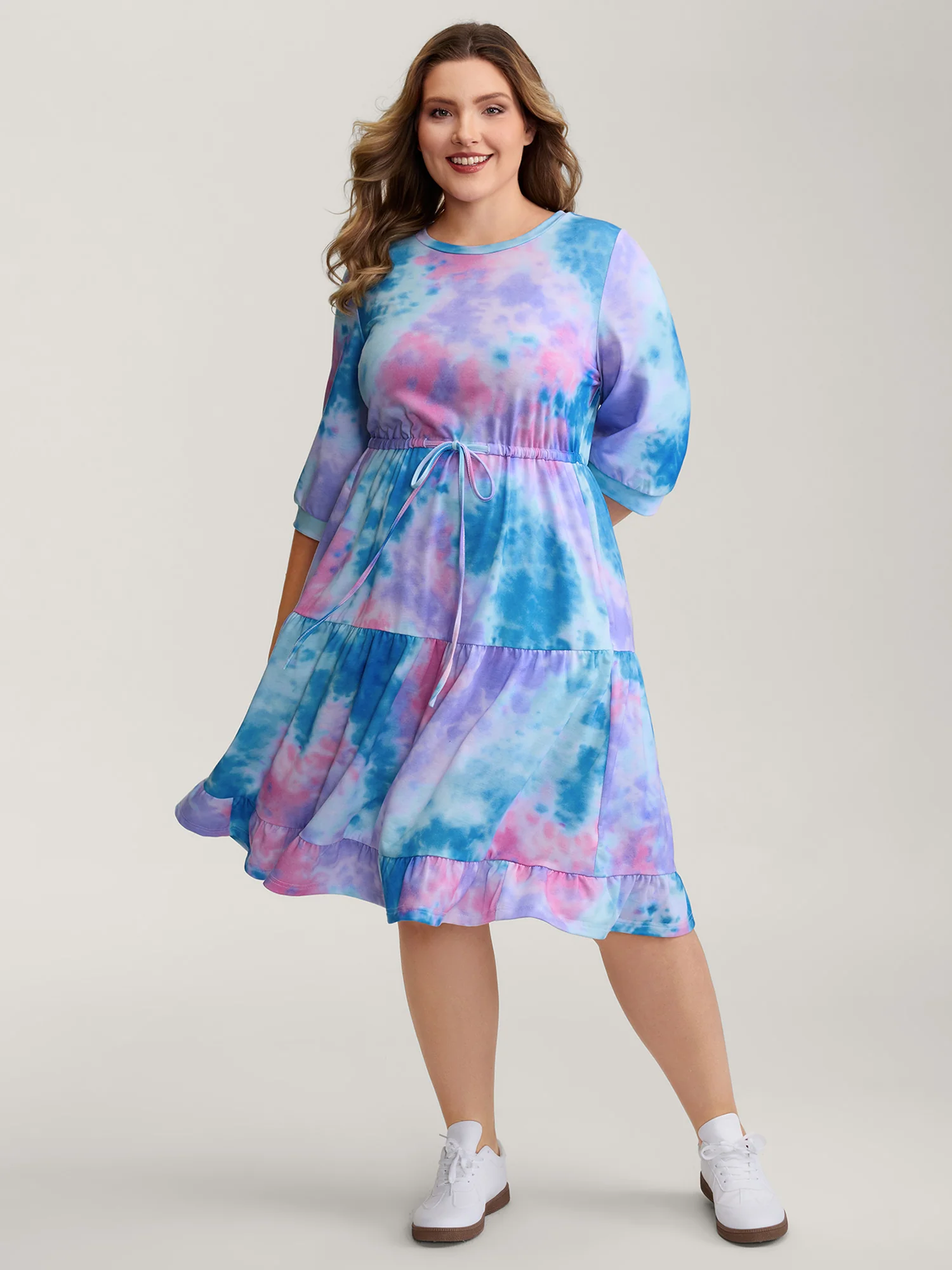 Tie-Dye Print Drawstring Waist Midi Dress - Image 3