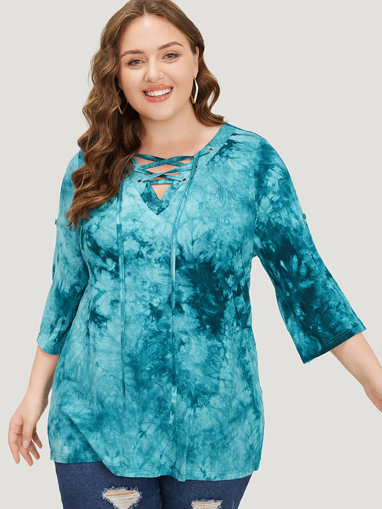 Tie Dye Roll Sleeve Lace Up T-shirt - Image 2