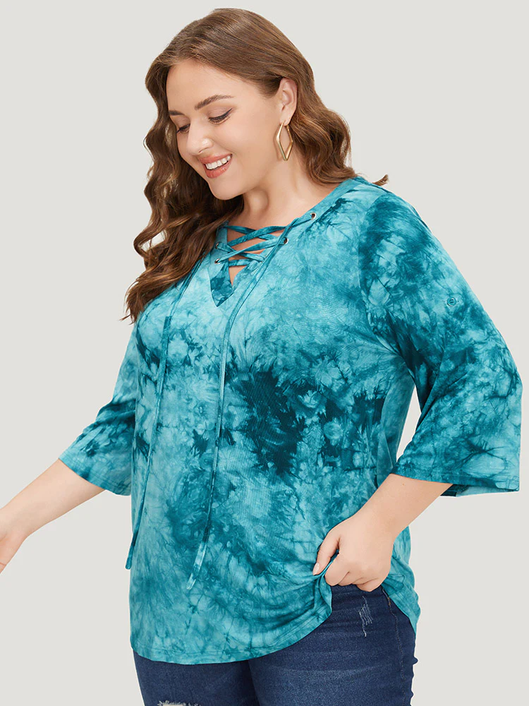 Tie Dye Roll Sleeve Lace Up T-shirt - Image 4