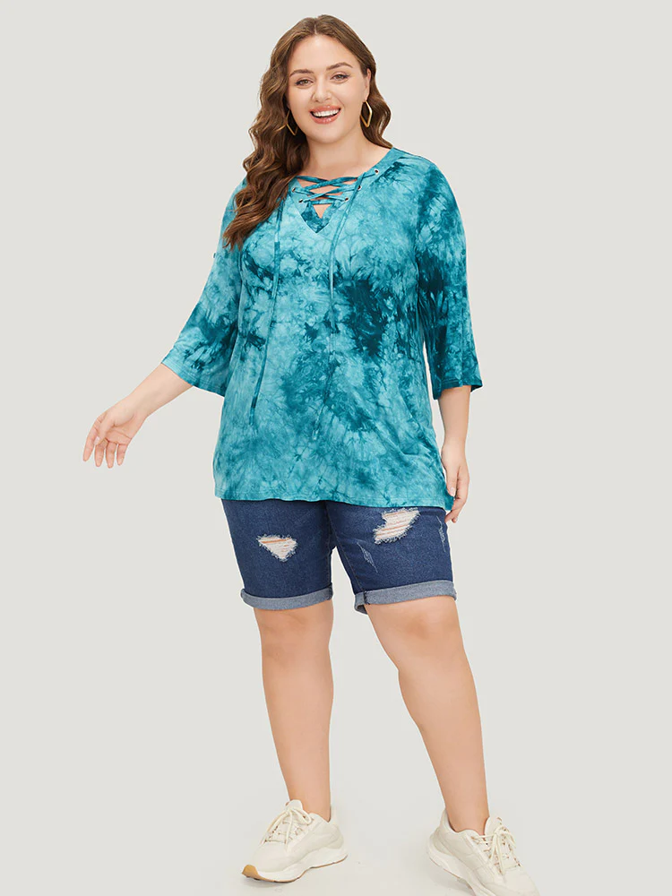 Tie Dye Roll Sleeve Lace Up T-shirt - Image 6