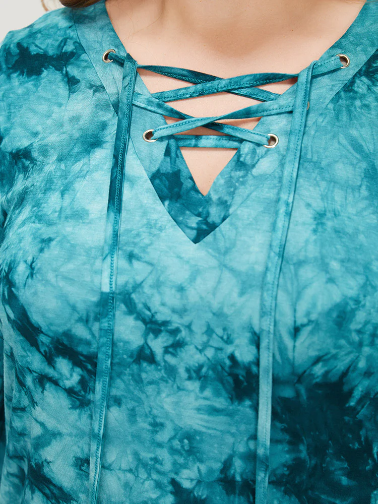 Tie Dye Roll Sleeve Lace Up T-shirt - Image 8