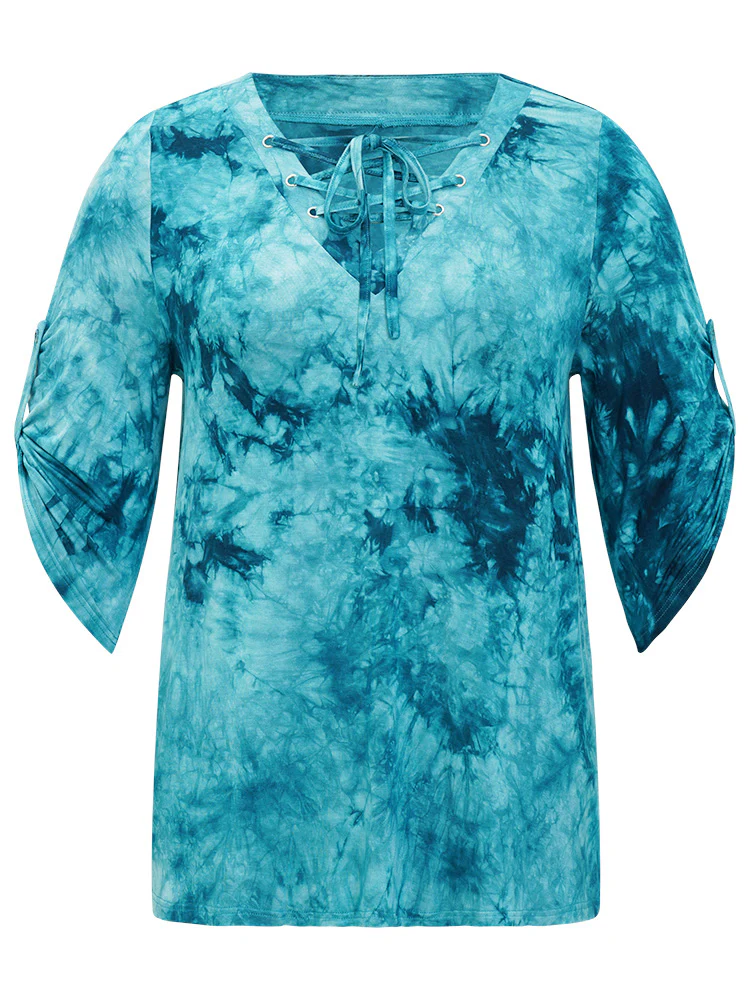 Tie Dye Roll Sleeve Lace Up T-shirt - Image 9