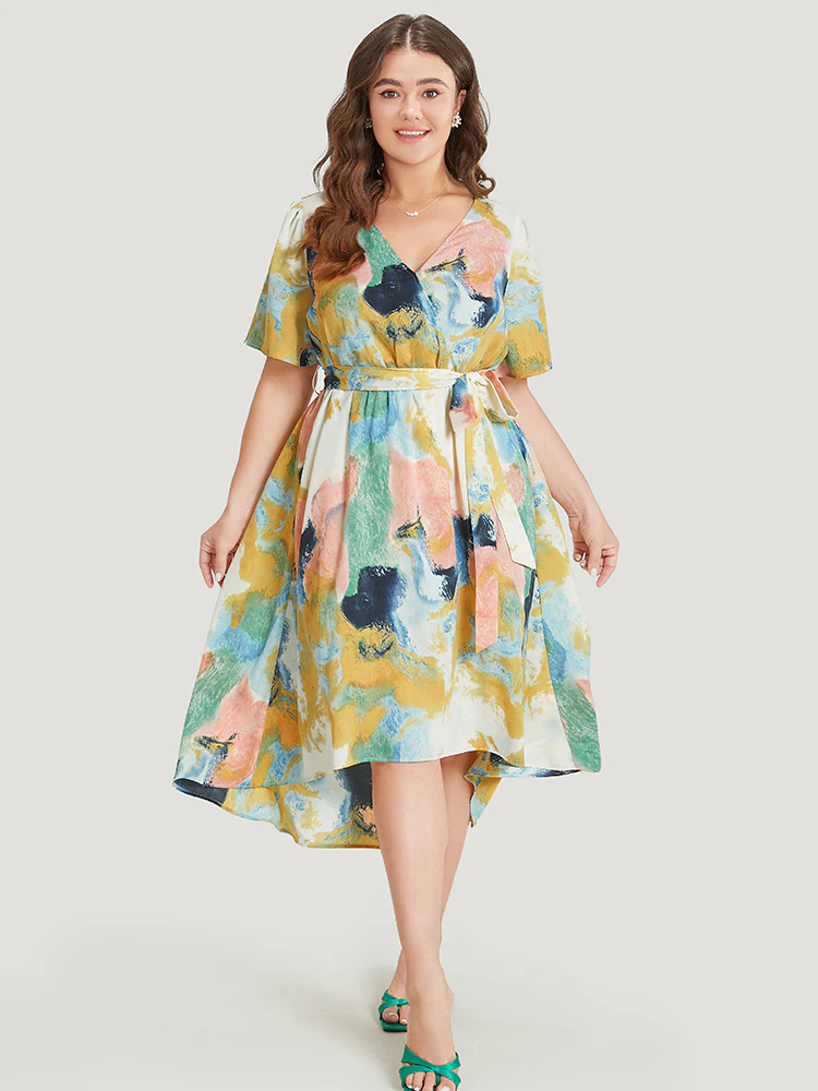 Tie Dye Ruffle Pocket Wrap Belted High Low Dress - Image 2
