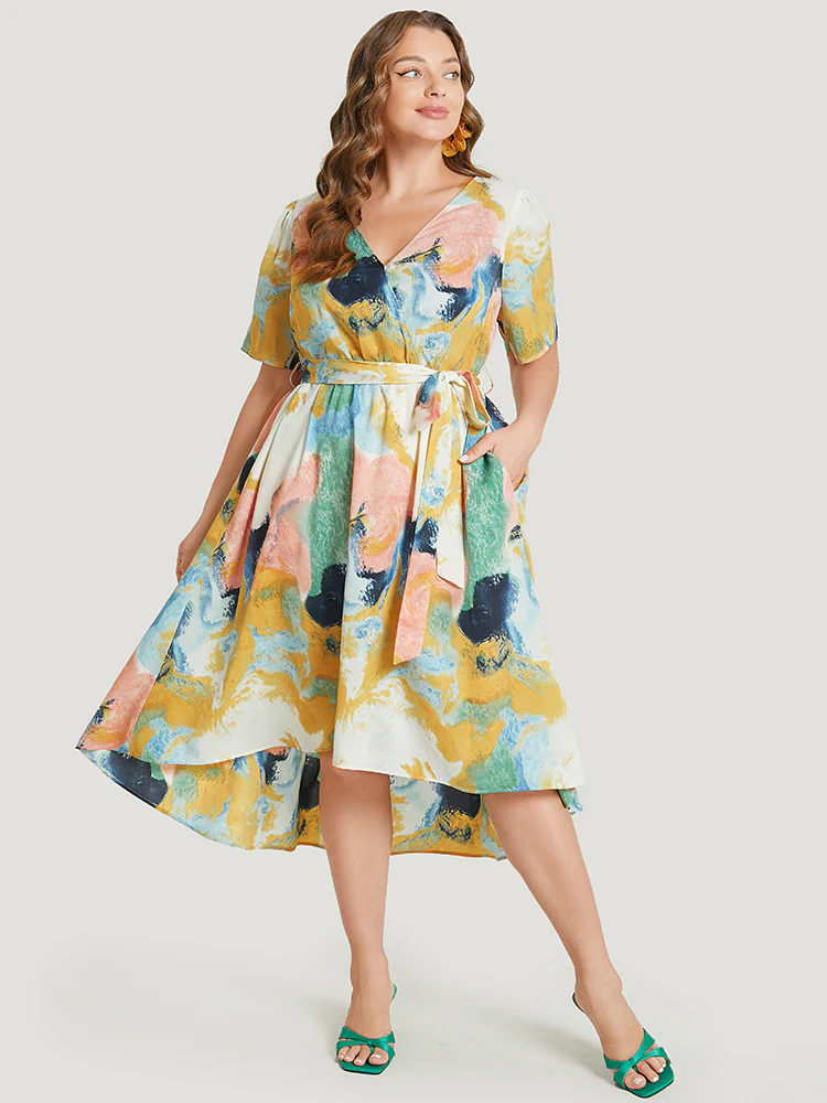 Tie Dye Ruffle Pocket Wrap Belted High Low Dress - Image 3