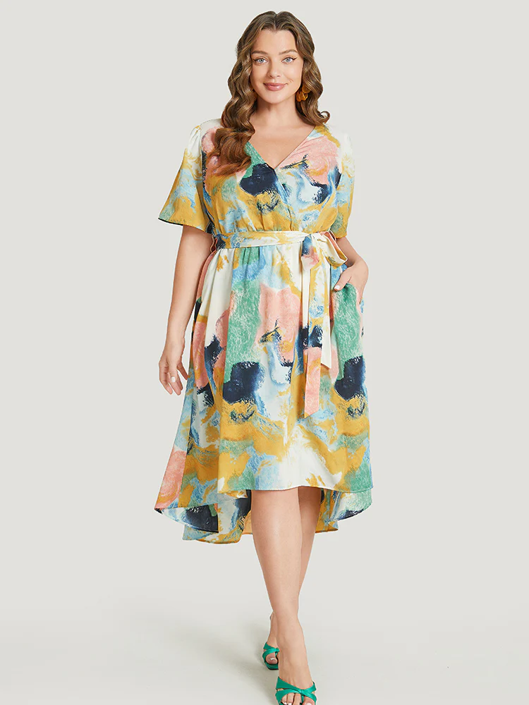 Tie Dye Ruffle Pocket Wrap Belted High Low Dress - Image 4