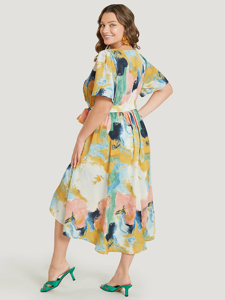 Tie Dye Ruffle Pocket Wrap Belted High Low Dress - Image 5