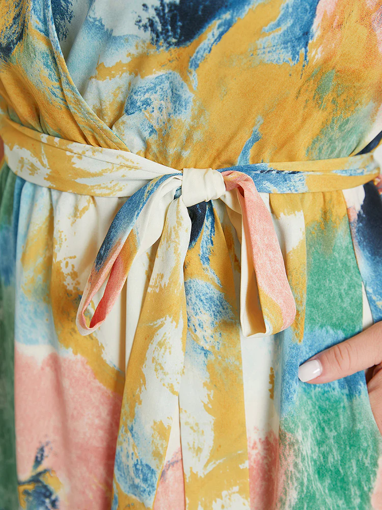 Tie Dye Ruffle Pocket Wrap Belted High Low Dress - Image 7
